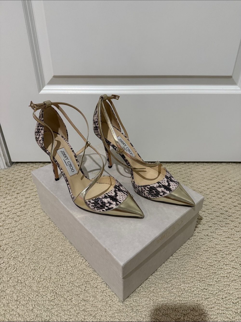 Jimmy Choo Gold and Snakeskin Pointed-Toe Ankle-Strap Heels
